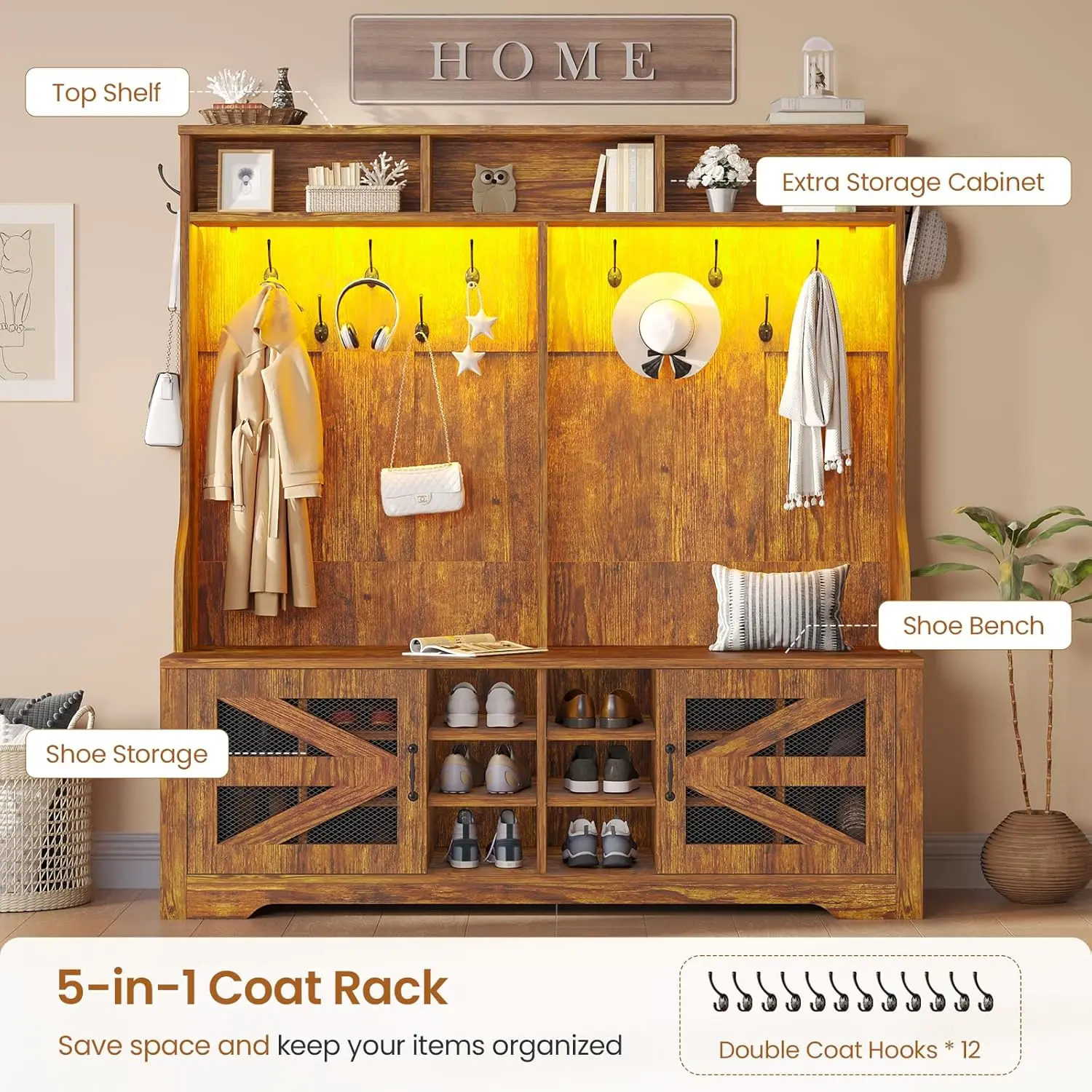 Hall Tree with Bench and Shoe Storage, 5-in-1 Entryway Bench with Coat Rack, 16 Shoe Cubbies & 12 Coat Hooks, Barn Door & Adjust