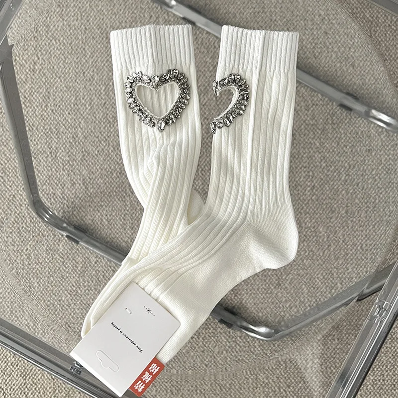 Heart Diamond Decorated Hollow Cotton Socks for Women womens socks women socks
