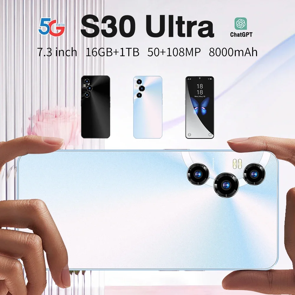 

Global Brand S30Ultra 7.3HD 5G Phone 16GB+1TB 8000mAh Original Smartphone 108MP Face Unlock Android13 NFC Snapdragon 8 gen2