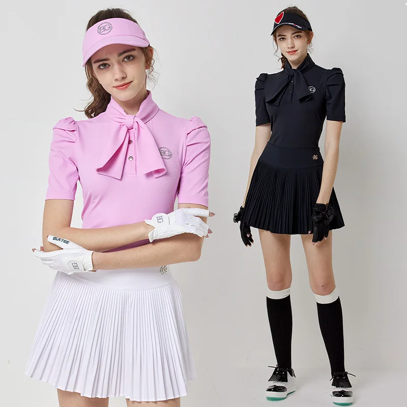 

Blktee Lady Quick-dry Golf Shirt Puff Short Sleeve T-shirts Women High Waist Skort Pleated Skirts Sets Sports Tops with Bow Tie