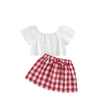 3Pcs Set 0-24M Newborn Baby Girl Clothes Cute Summer Off Shoulder Lace Tops+ Red Plaid Short Dress Headband Outfit 6