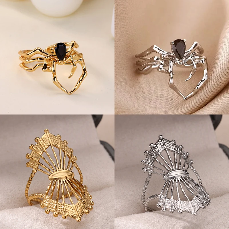 Punk Spider Rings for Women Dark Retro Black Gem