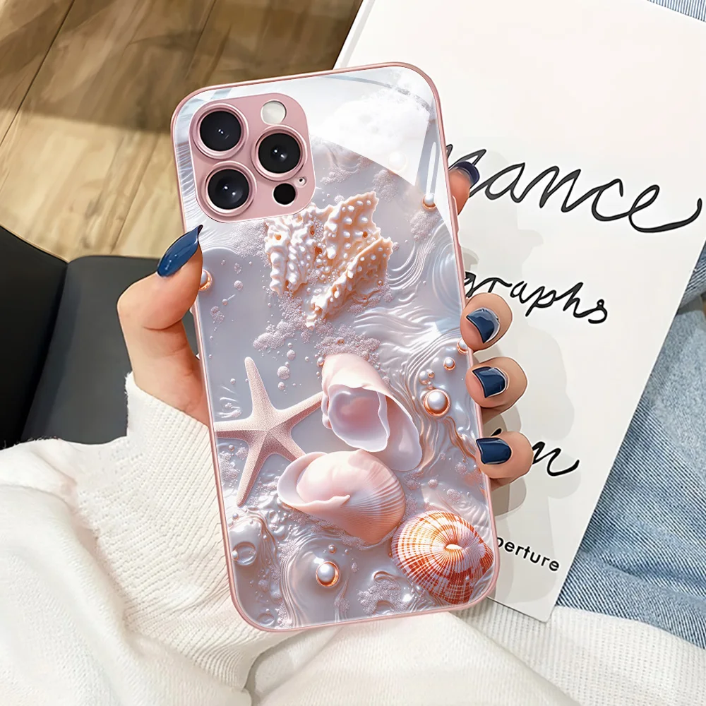 Hard Tempered Glass Phone Case For Samsung Galaxy S26 S25 Ultra S24 Plus S23 S22 S21 S20 FE Cases Starfish Shells Pattern Cover