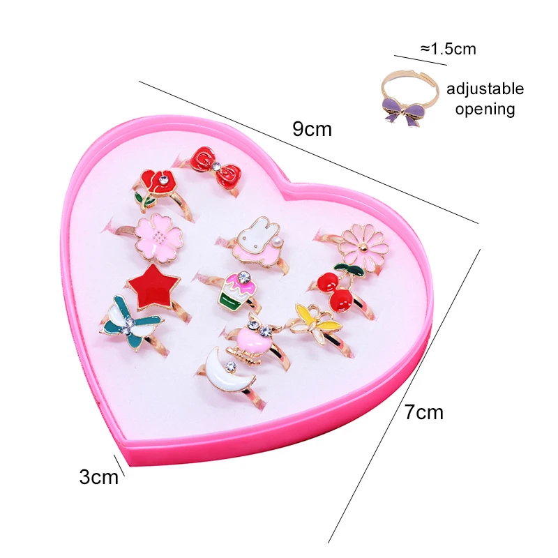 12pcs Children Heart Shaped Box Adjustable Rings for Girls Birthday Gifts