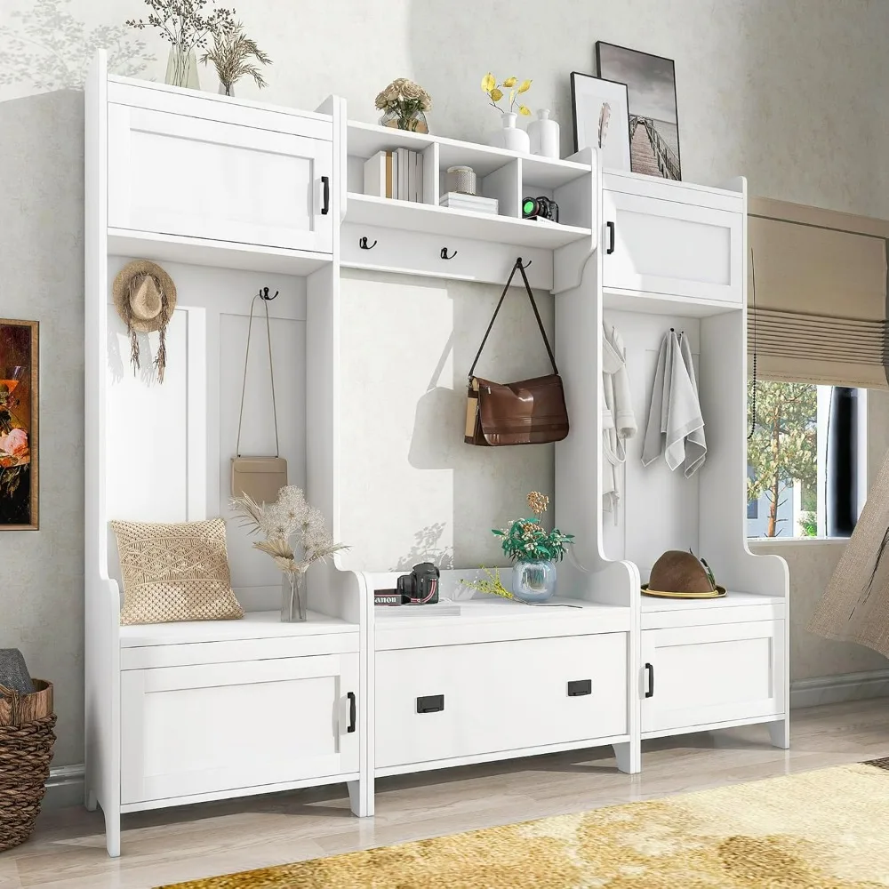Hall Tree with Bench and Shoe Storage, White Entryway Bench with 7 Coat Rack, Bench with Shoe Storage and Hooks for Hallway