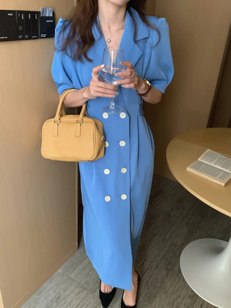 Summer Vintage Office Lady Suit Dresses 2022 Korean Puff Sleeve Laceup