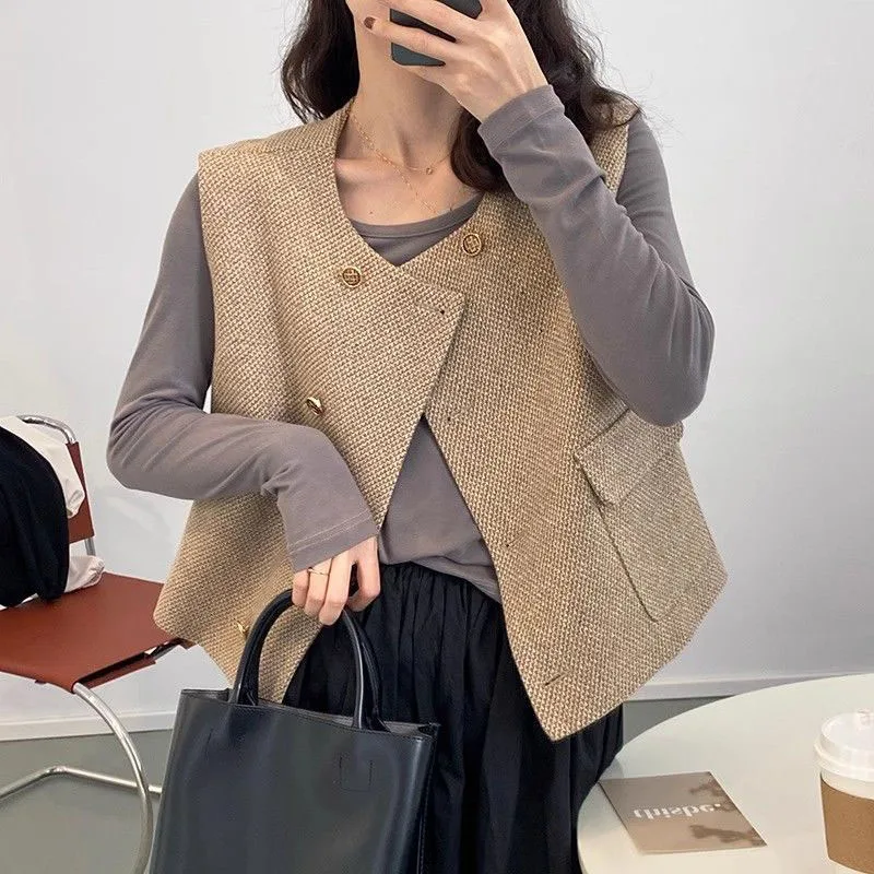Koreanische Kurze Tweed Weste für Frauen Vintage Alle-Spiel Zweireiher Ärmellose Tops Weibliche Herbst Neue Straße Heraus Tragen weste – Detail 9