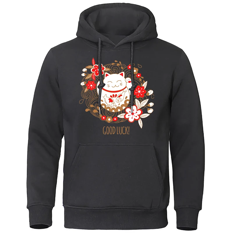 

Cartoon Lucky Cat Japanese Anime Hoodies Gothic Manga Pullover Fashion Long Sleeve Men's Black Oversized Sweatshirt Harajuku
