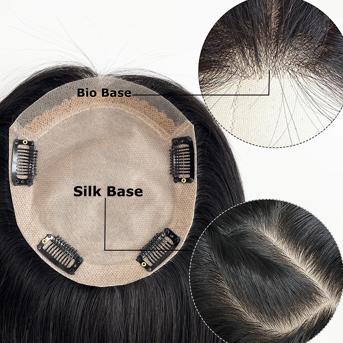 Topper per capelli umani 13x15 cm con clip, base in seta, capelli vergini europei, toupet per donna, pezzi di capelli lunghi e lisci 9x14 cm - immagine 4