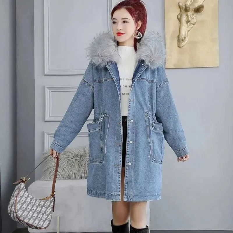 Women\'s Jeans Coat 2023 New Winter Coats Thick Wool Denim Jacket Korea Loose Hooded Fur Collar Long Clothes Outerwear Female