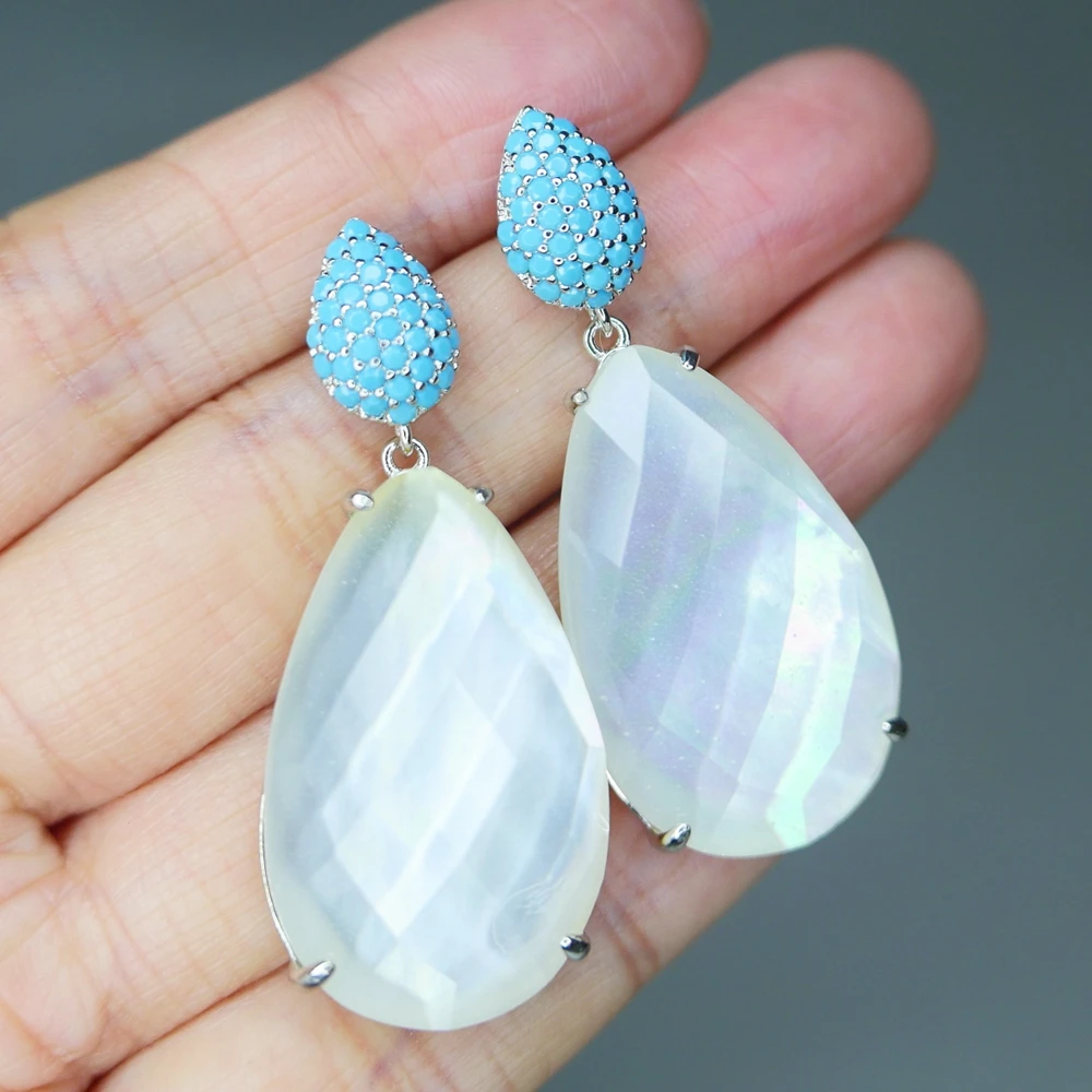 

Large White Mother of Pearl and Blue Turquoise Natural Stone 45mm Long Tear Drop Earrings 925 Silver Needle Jewelry For Women