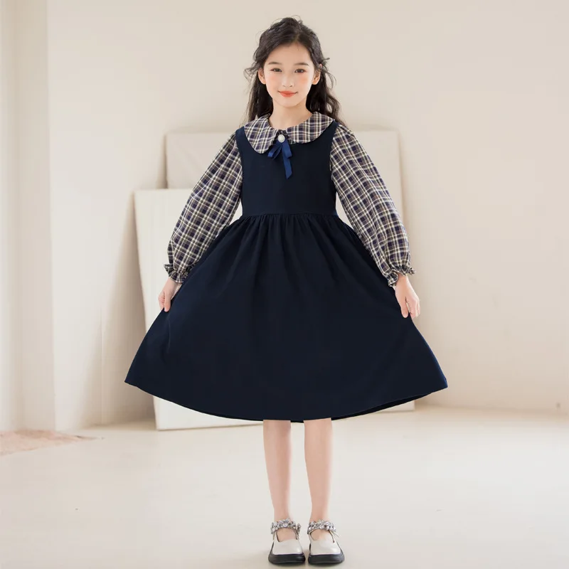 

Spring Autumn Junior Girl 2-Piece Sets Teenage Girl Tartan Doll Collar Shirt+Small-waisted Suspender Skirt Girls Set 4-15Yrs