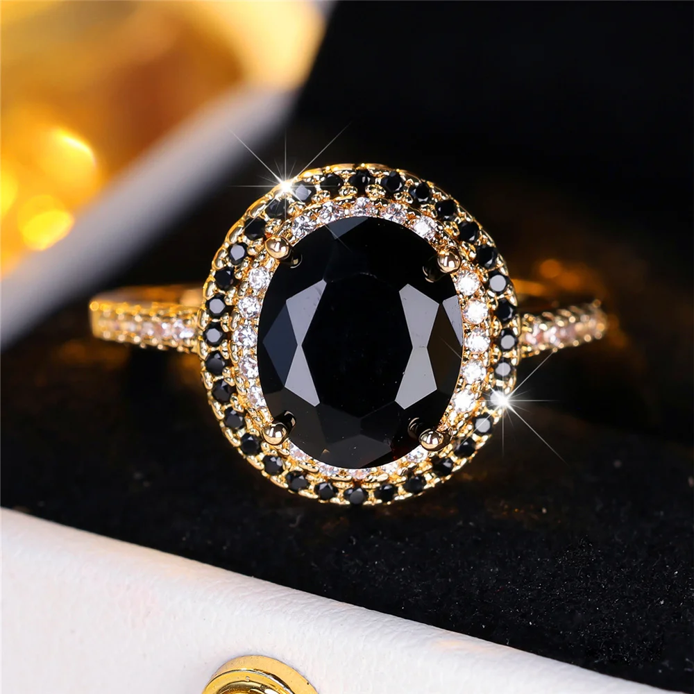 Luxury Crystal Black Zircon Stone Oval Rings For Women Vintage Silver Color Wedding Band Bridal Jewelry Engagement Gift