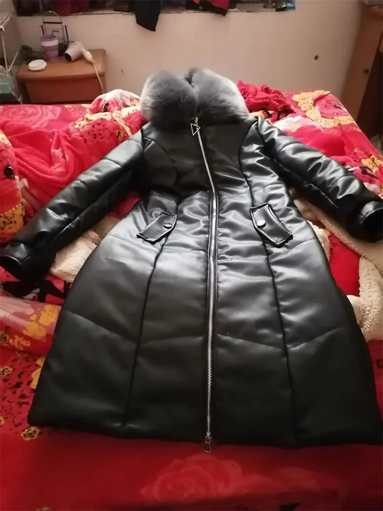 2024  Autumn Winter Leather Cotton-padded Jacket Women Long Coat Faux Fox Fur Collar Thicken PU Parkas Female Slim Hooded Coats