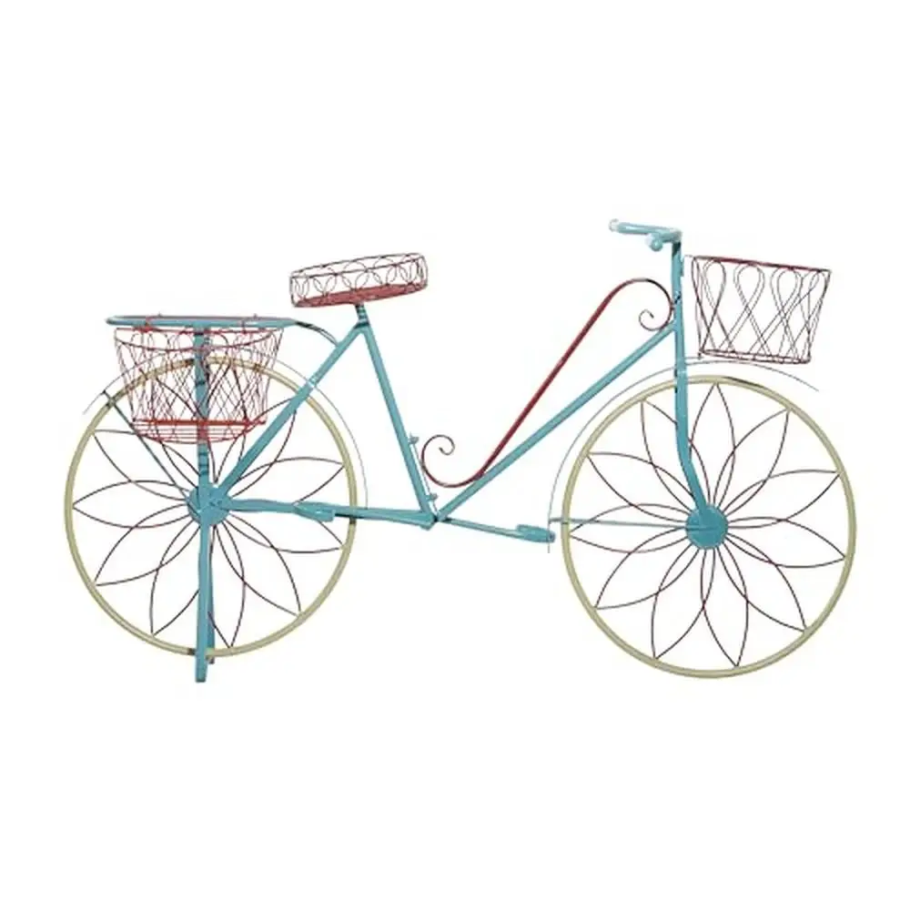 Vintage Metal Plant Stand with Wire Design and Basket Blue & Red Flower Pot Holder with Scrollwork Indoor Outdoor Plant Shelf