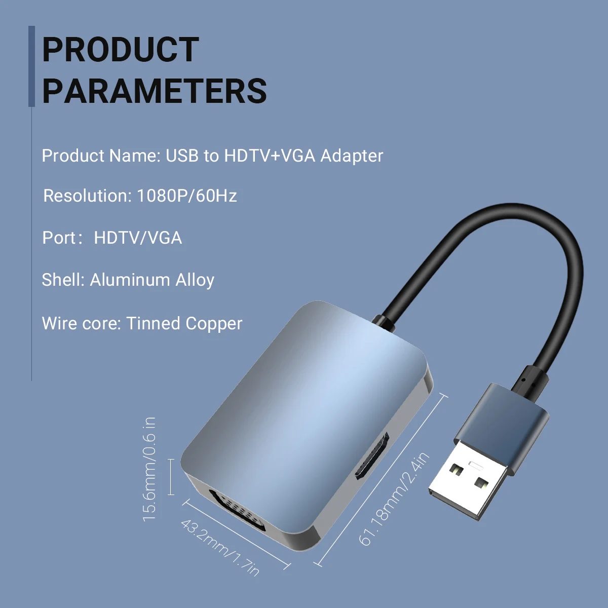 2 in 1 허브 USB to HDMI VGA 어댑터, USB 2.0 to HDMI 1080P 비디오 케이블 컨버터, 오디오 포함, PC 노트북 프로젝터 윈도우 XP용