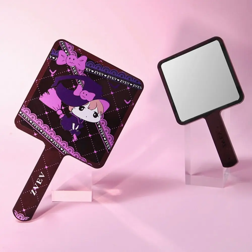 Purple Handheld Makeup Mirror Convenient Cartoon Square Vanity Mirror Beauty Witch Mirror Cosmetic Compact Mirror Women 90cm manual hand rolled twill silk scarf women cartoon big tree print curled square scarves echarpes foulards femme wrap bandana