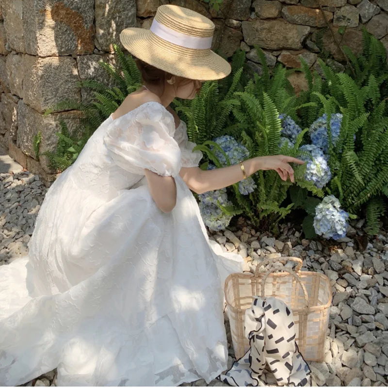

Female Dress French Temperament White Square Collar Chiffon Dress Women Summer 2023 New Bubble Sleeve Sweet Ruffled Long Dresses