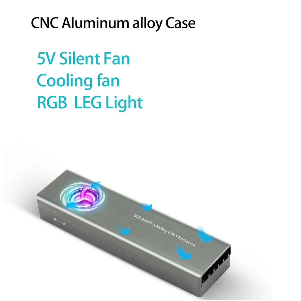 10Gbps M.2 NVMe SSD Case with Built-in Cooling Fan Type C M2 SSD Enclosure Dual Protocol for M.2 M key 2230 2242 2260 2280 external hard drive case,ssd enclosure