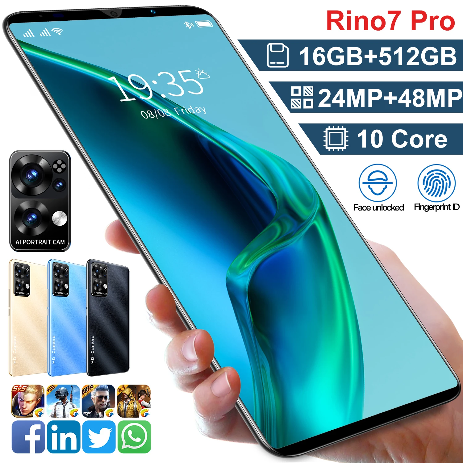 2022New Fashion Handphone Rino7 Pro Smartphones 16GB+512GB 4800mAh 5G ...