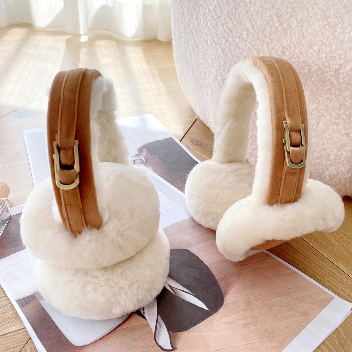 Natural Wool Ear Warmer Winter Sheepskin Ear Muffs for Women Soft Warm Solid Earflap Outdoor Cold Protection
