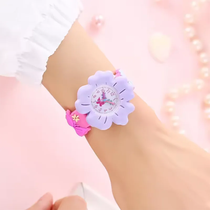 New Children's Flower Butterfly Cartoon Watch 3D Pattern PVC Soft Adhesive Skin friendly Children's Learning Watch