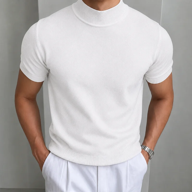 Herren Casual Einfaches Strick-T-Shirt Halbhoher Kragen Weicher Komfort Modisch Einfarbiges Strick-Kurzarm-T-Shirt Mock Neck Pullover