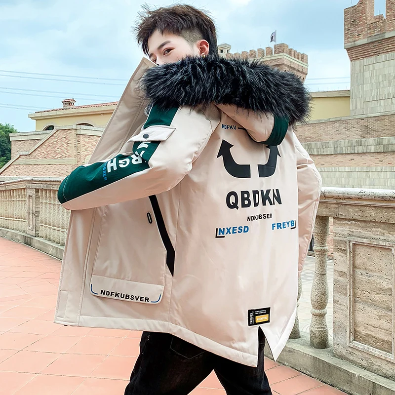 Classic Casual Mens Winter Hooded Cotton-Padded Jacket Outwear Warm Thick Parkas Detachable Fur Collar Down Coat Top Windbreaker
