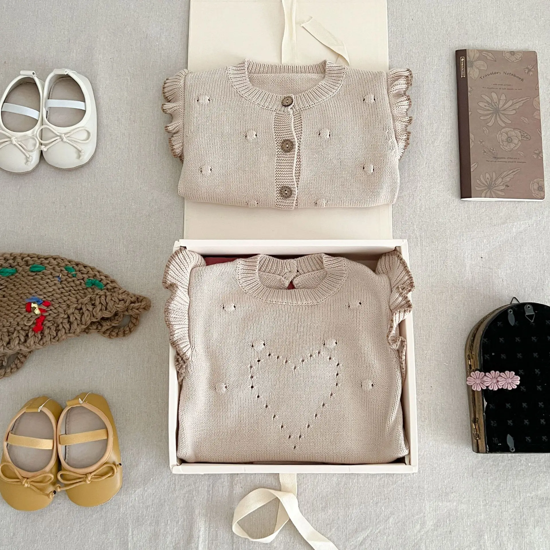 Herbst Baby Kint Anzüge Kleidung Baby Pullover Baby Mädchen gestrickte Strickjacke Stram pler Krabbel anzug zweiteilige Set gekräuselte Kleidung – Detail 5