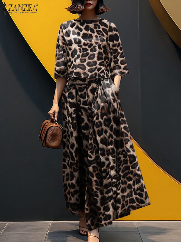 2 قطعة مجموعات النساء خمر مطابقة ليوبارد طباعة رياضية الخريف بنطلون دعوى ZANZEA عادية س الرقبة 3/4 كم بلوزة بانت مجموعات
