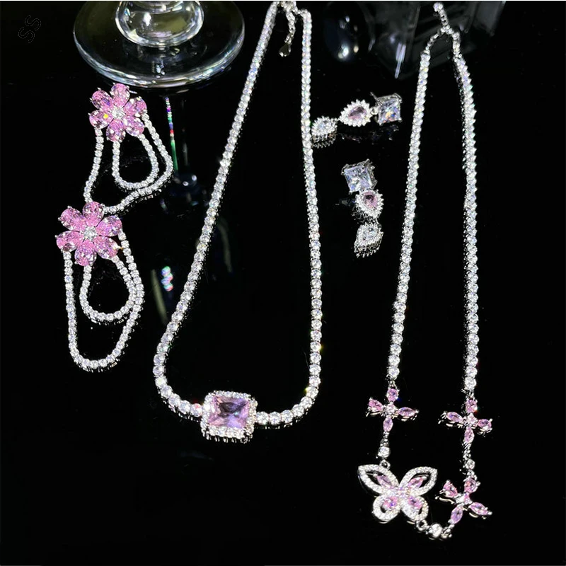 

Popular Sweet Girl Necessary Daily Wear Jewelry Accessories Gems Necklace Color Treasure Zircon Geometric Flower Earrings