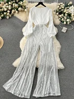 Ele Long Sve Sequin Wide Leg Pants  Suit Women's Design Sense Fake Two-Piece irt And Pants Ensemble - Image 4