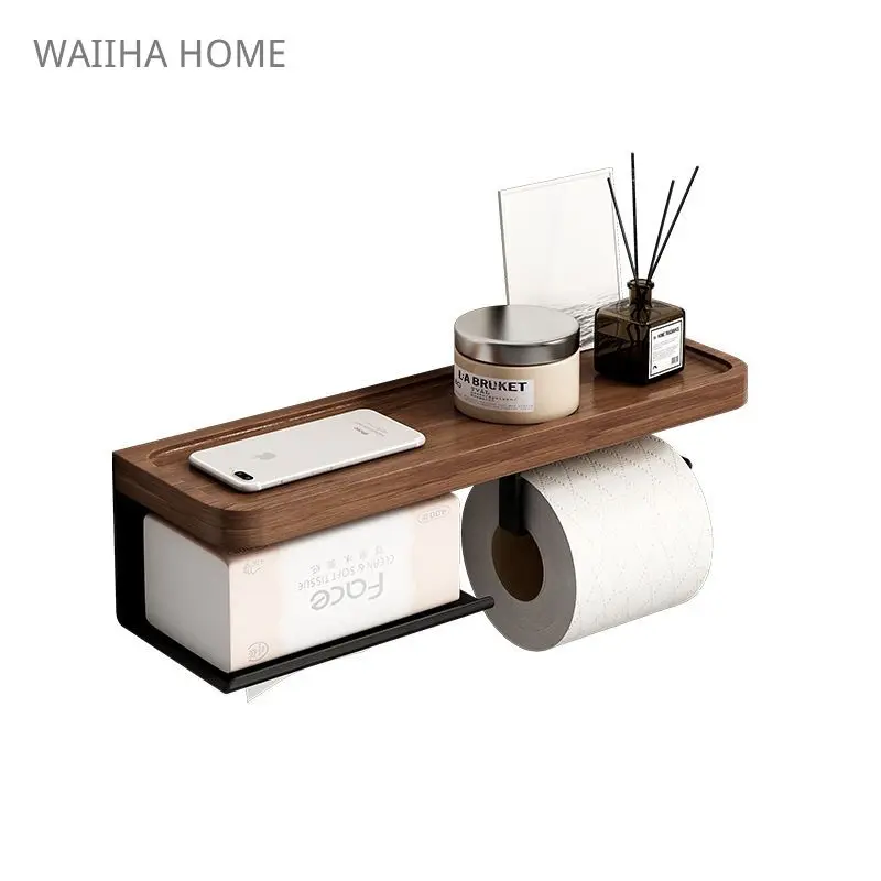 Toilet Paper Holder with Black Walnut Shelf For Bathroom Wall Mounted Double Roll Black Phone Rack
