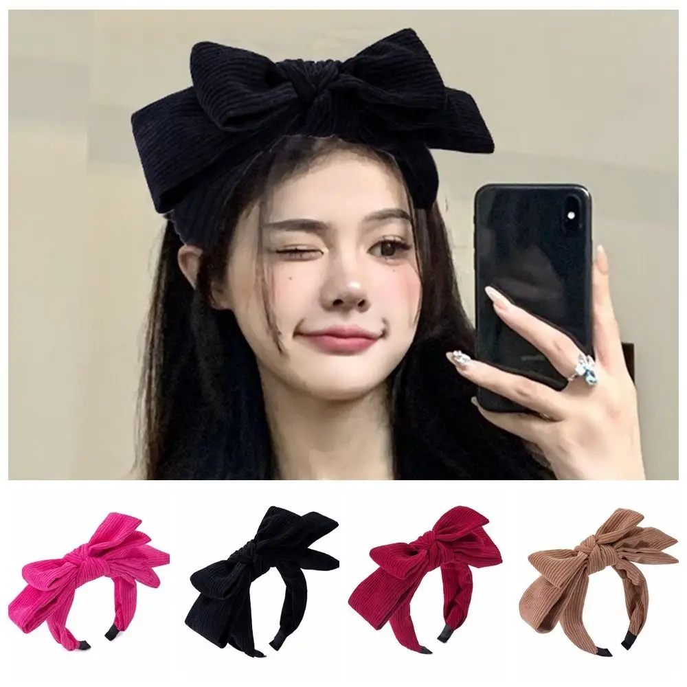 Elegant Large Bowtie Corduroy Headband Women Face Wash Makeup Fashion Solid Color Temperament Wide Hair Hoop Headwear
