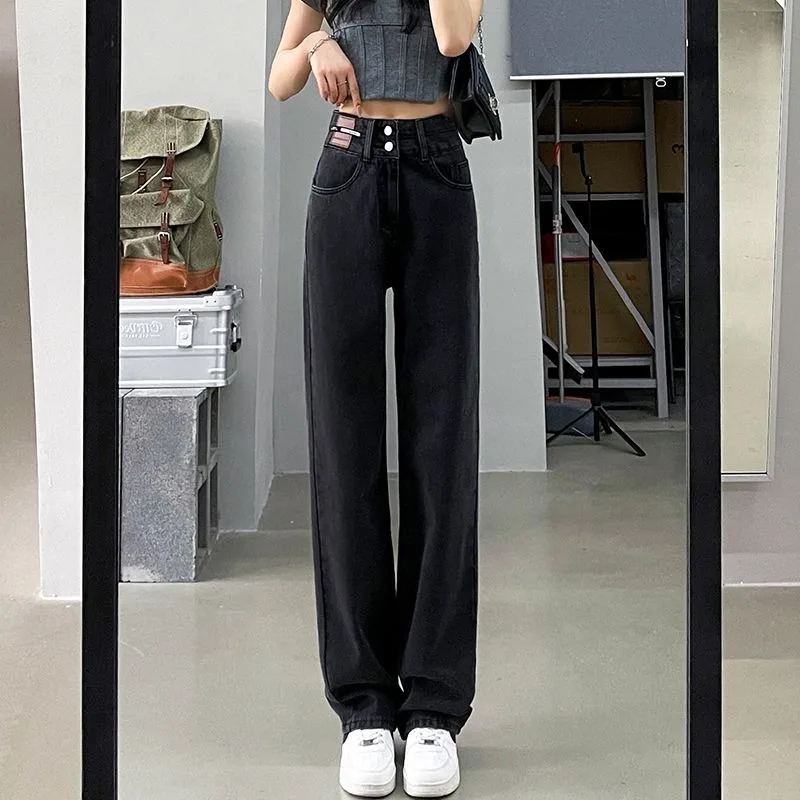 2023 New Spring Autumn Black Denim Pants Women Straight Sleeves Loose Legs High Waist Slimming Jeans Clothing In Large Sizes