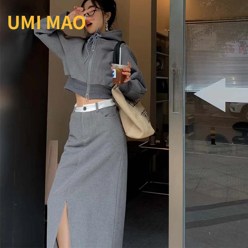 

UMI MAO Ins F Hooded Zipper Sweater Coat High Waist Wrap Hip Mid-length Split Half-length Dress Casual Two-piece Set Streetwear