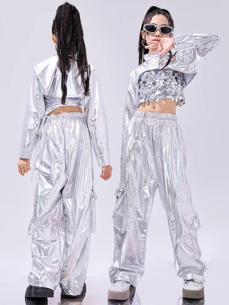Girl dance costume children costumes girls silver sequins hip hop costume crop top sequin vest shiny pants for kids jazz clothes