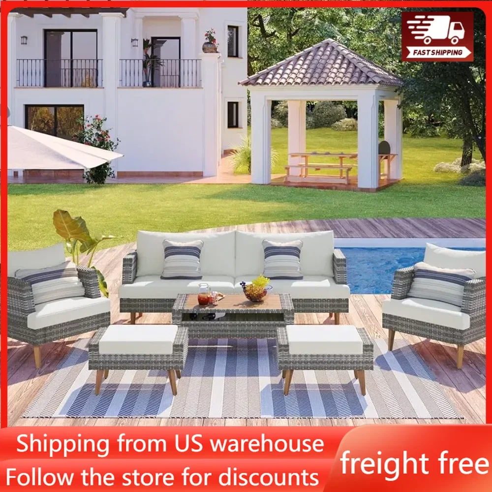 

Furniture 6 Piece with Thickened Cushions Outdoor All Weather Wicker Sectional Sofa Sets for Garden Backyard Grey Patio Set