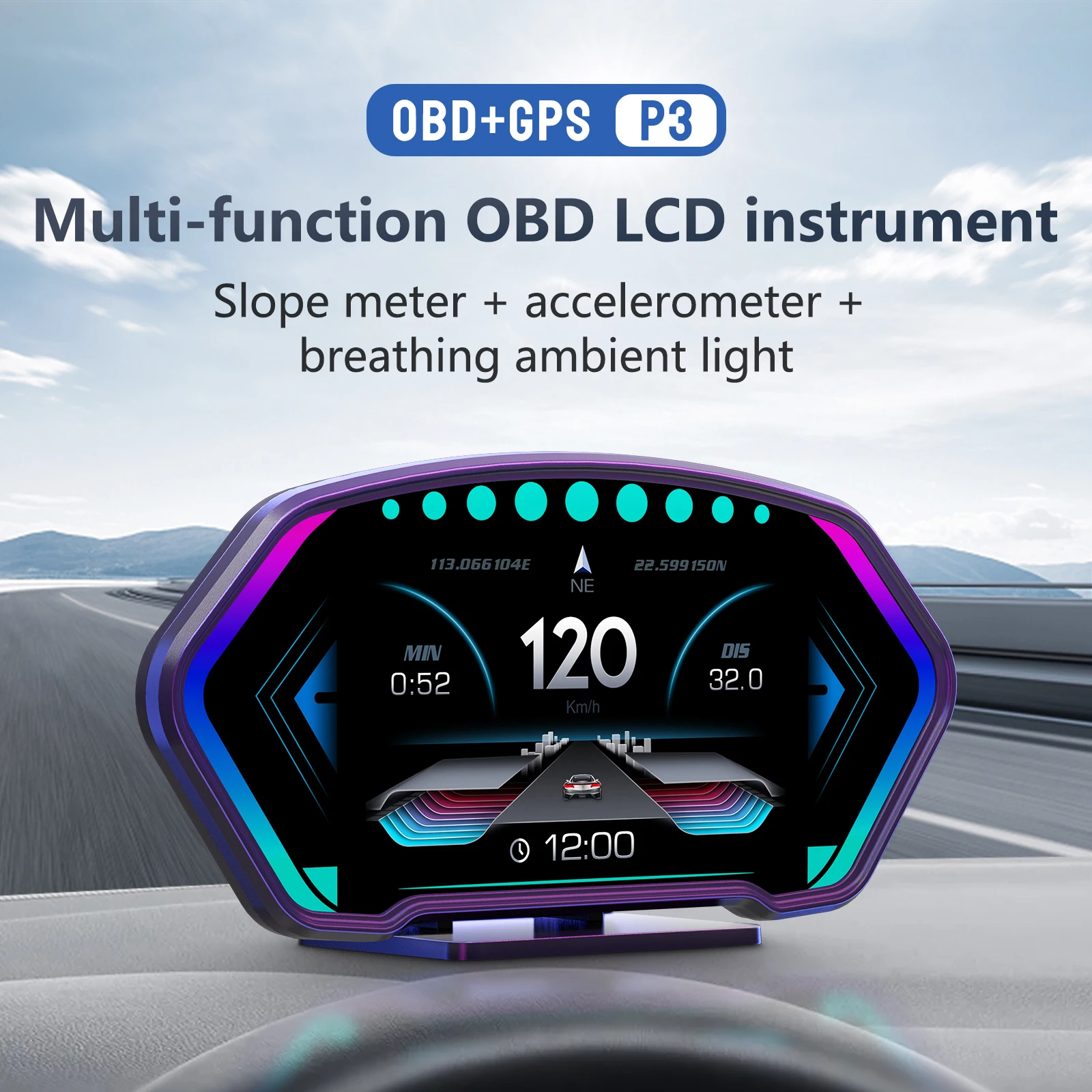 

HD HUD OBD GPS Heads Up Display LCD Touch Screen Speedometer Slope Meter Car Water Oil Temp Alarm Overspeed Diagnotstic