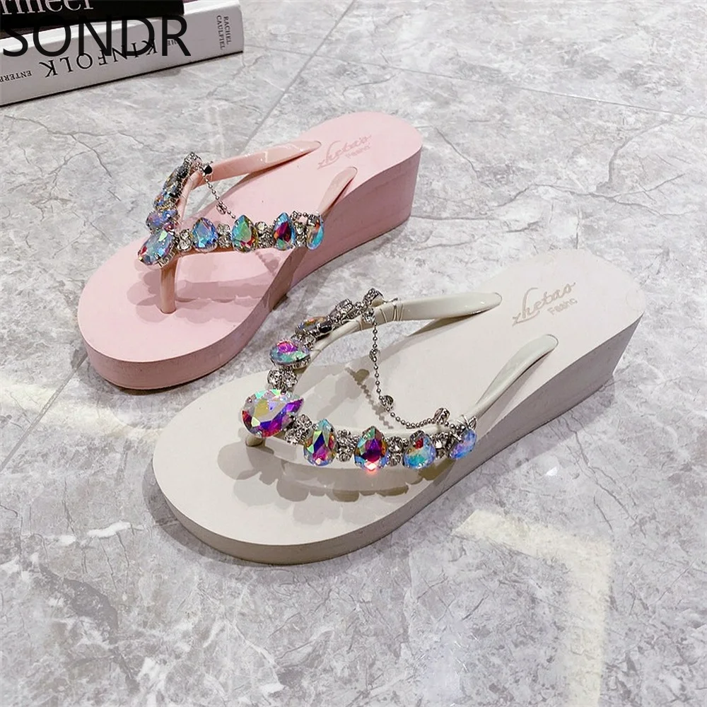 

Womens Platform Rhinestones Crystal Tassels Chain DIY Flip Flop Thongs Slippers Wedge High Heel Summer Shoes Slides Girls