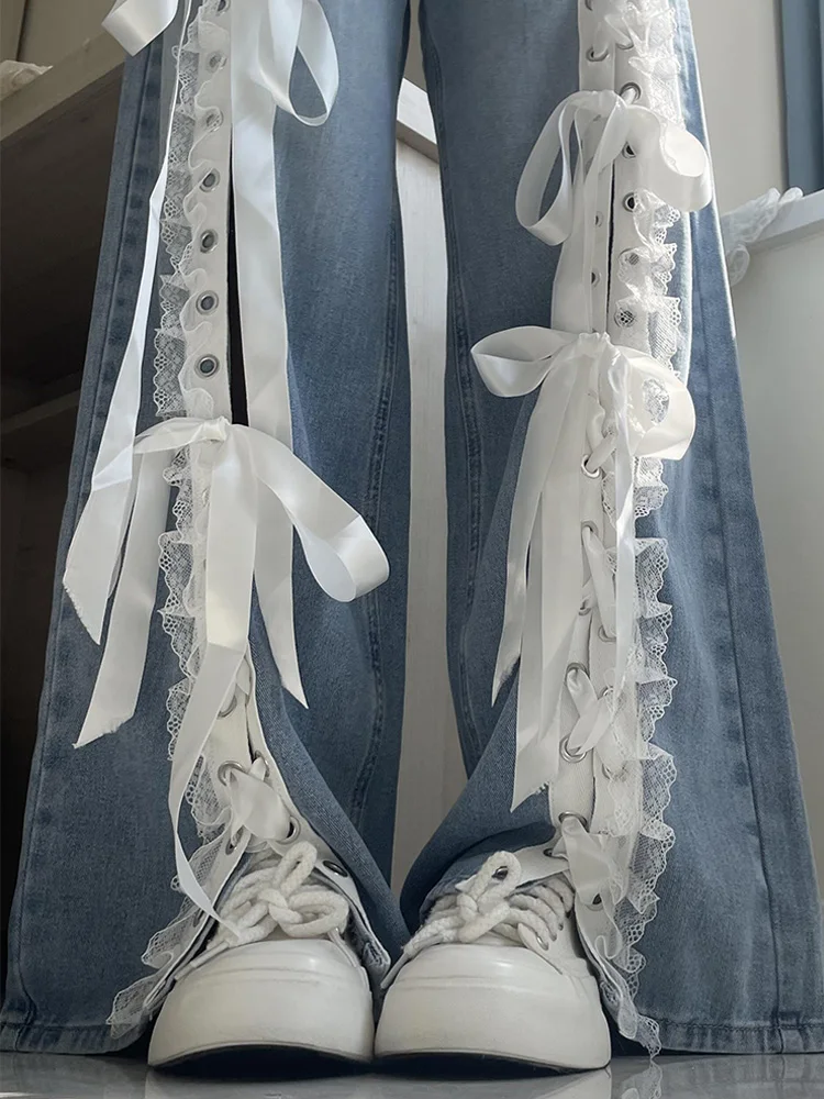 Women Streetwear Lace Patchwork Bandage Y2K Bow Wide Leg Denim