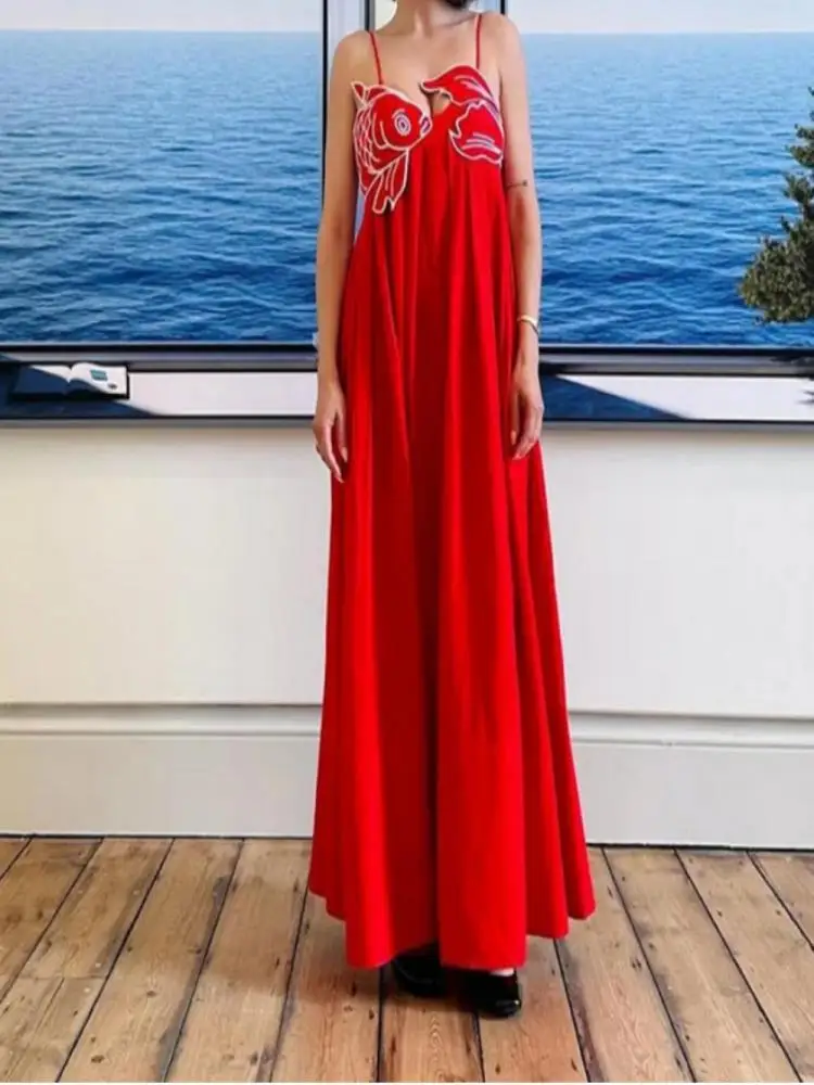 

Fashion Red Strap Plate Long Dress Women Elegant Sexy Solid Sleeveless Backless Hollow Out Dresses Lady Beach Party Robes