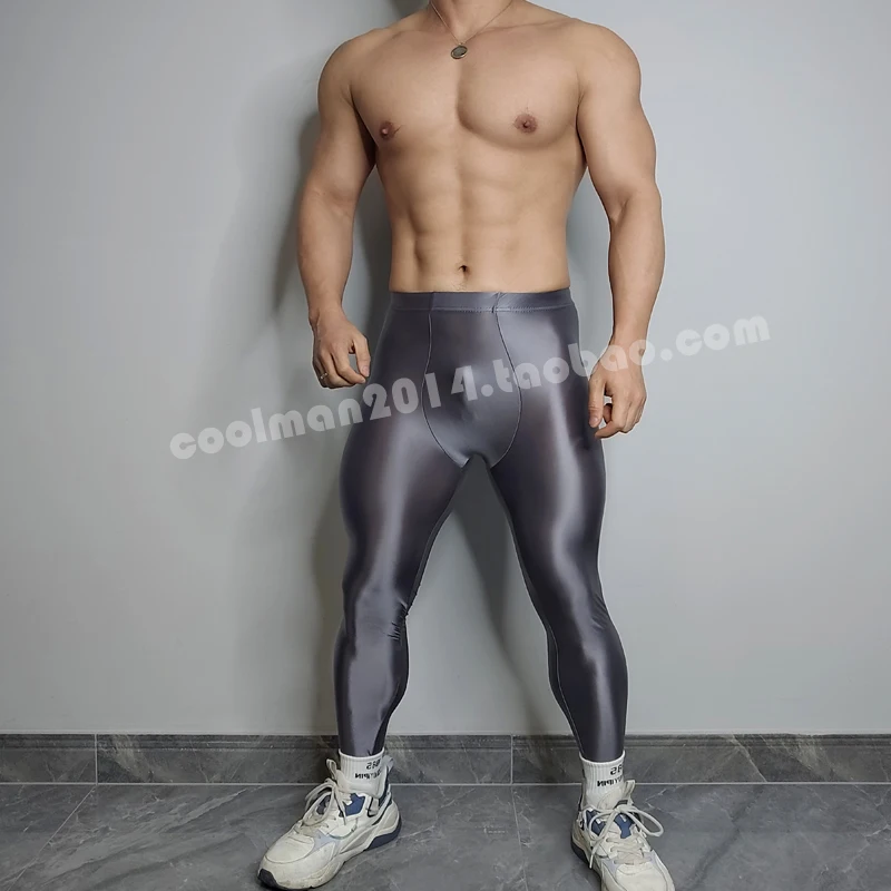 Glossy See Through Satin Men's Sexy Tight Yoga Leggings Sports Underwears Seamless Pants Trousers