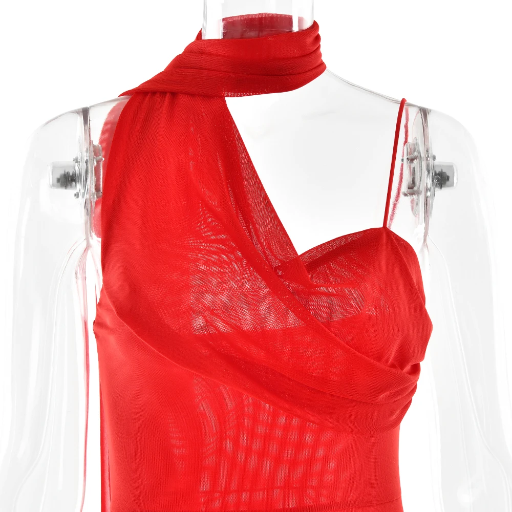 Elegant Single Shoulder Mesh Double Layer Bodycon Party Club Evening Dress Sexy Backless Vestido Autumn/Winter Clothing