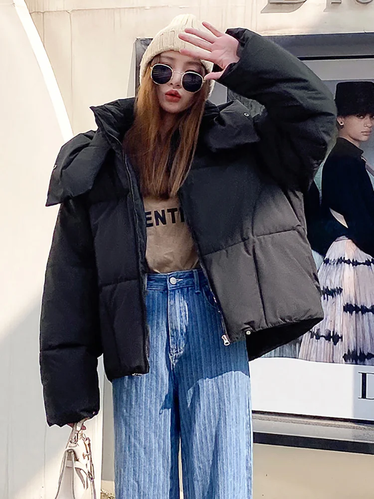 

2023 winter new Korean style fluffy hooded bread down jacket women thick loose short jacket Loose Coats Elegant Ladies