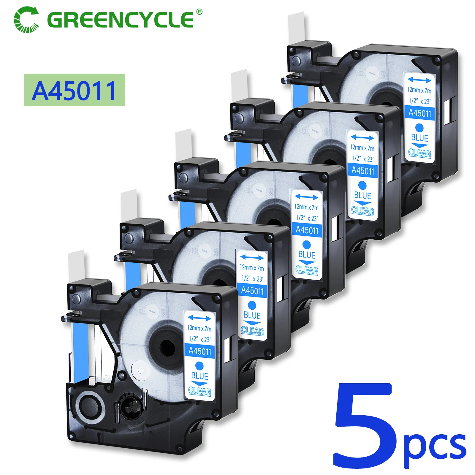 

GREENCYCLE 5PK Blue on Clear 1/2 inch x 23 feet Compatible For Dymo D1 45011 Label Maker For Printer Dymo LabelManager 100 120P
