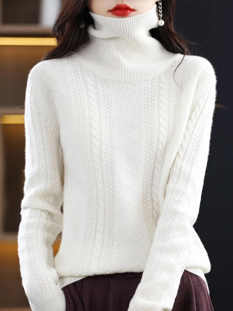 

Aliselect Fashion 100% Merino Wool Women Knitted Sweater Turtle Neck Twisted Long Sleeve Pullover AutumnWinter Clothing Knitwear