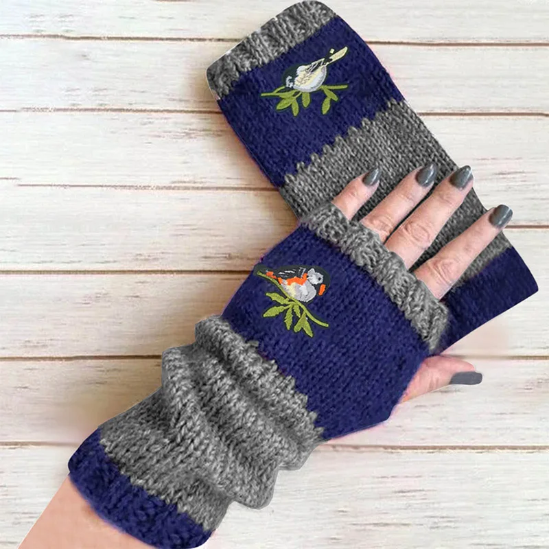 

1Pair Color Block Splice Cotton Mittens Half Finger Gloves Fingerless Knitted Gloves Bird Winter Warm Women
