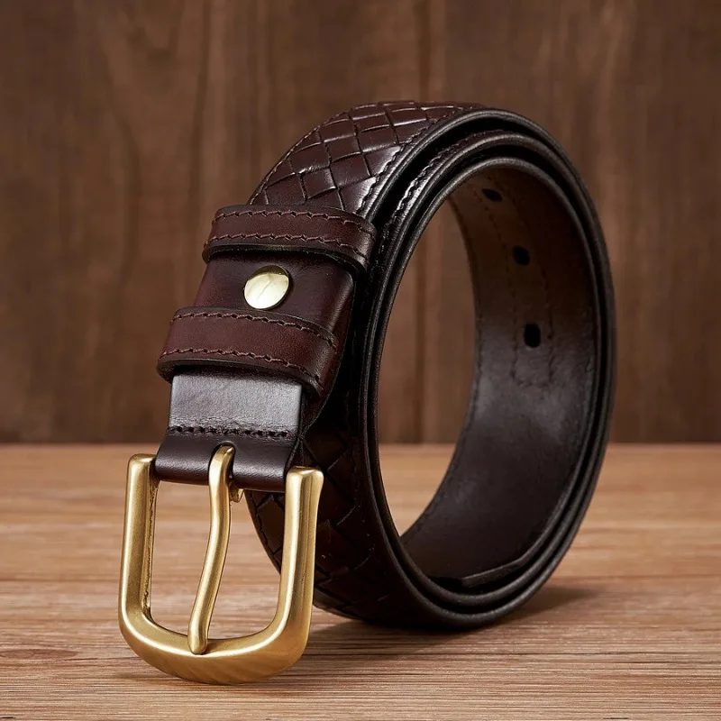 3.8cm Copper Buckle Designer Cowskin Real Genuine Leather Belts For Men Luxury Woven Cowboy Braided Male Strap for Jeans