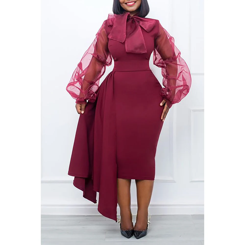 

Plus Size Semi Formal Dress Burgundy Mesh Bow See-Through Lantern Sleeve Midi Dress